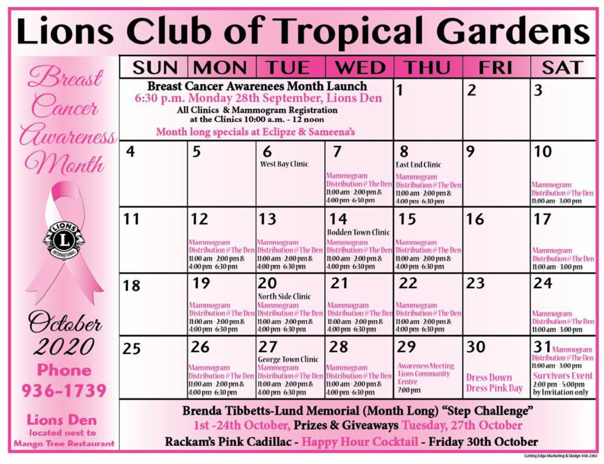 October 2020 Breast Cancer Awareness Calendar - Cayman Islands Cancer